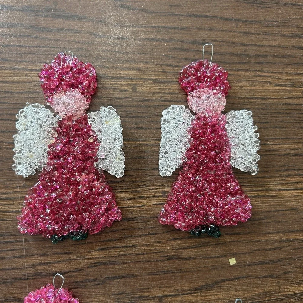 Vintage Handmade Beaded Christmas Ornaments Lot Of 6 Angels‎ Butterfly Train